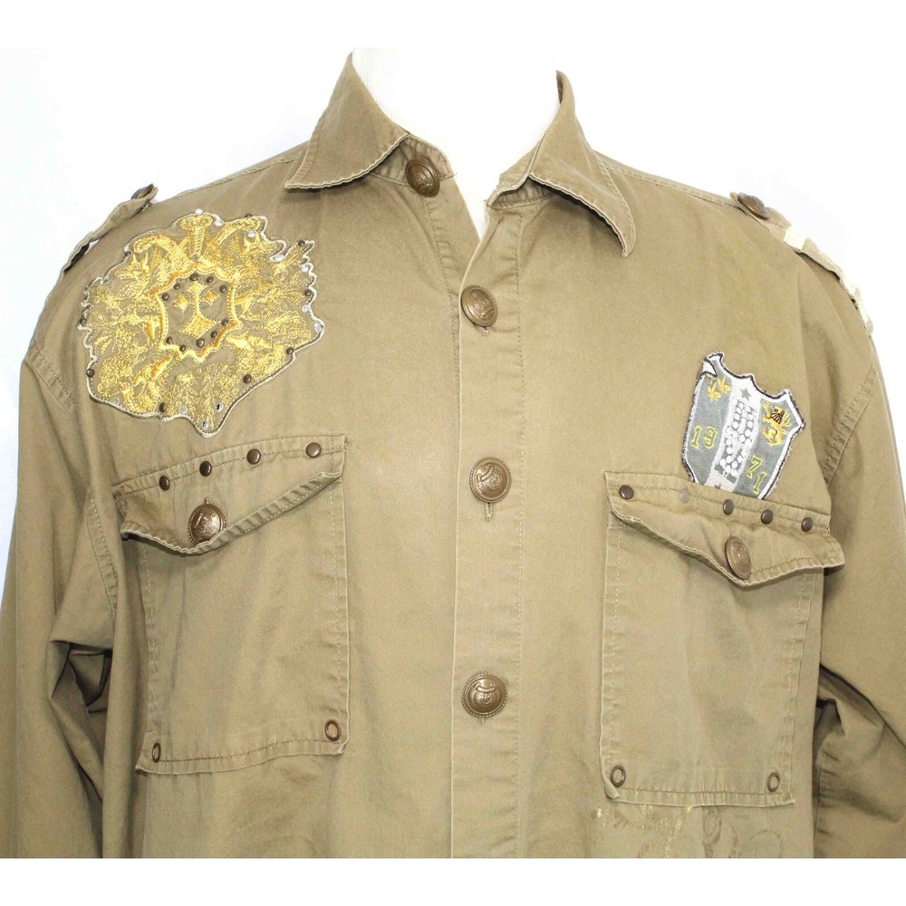 Hama Denim Y2K Military Embellished Button‎ Up Long Sleeve Shirt Mens Size XL - Picture 2 of 11